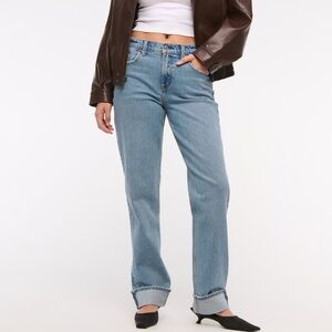 Abercrombie Curve Love Mid Rise 90s Straight Jean Medium Wash Cuffed Hem Size 34